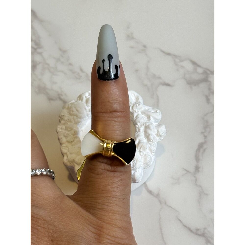 Vintage 18kt Gold Plated Bow Motif Ring - Onyx & Angel Coral